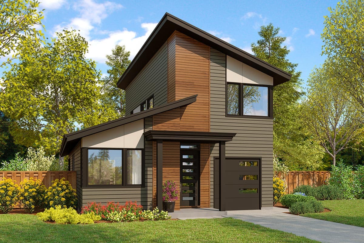 House plan exterior. Two-story modern home with a shed roof, a covered entry, and a single-car garage with horizontal paneling.