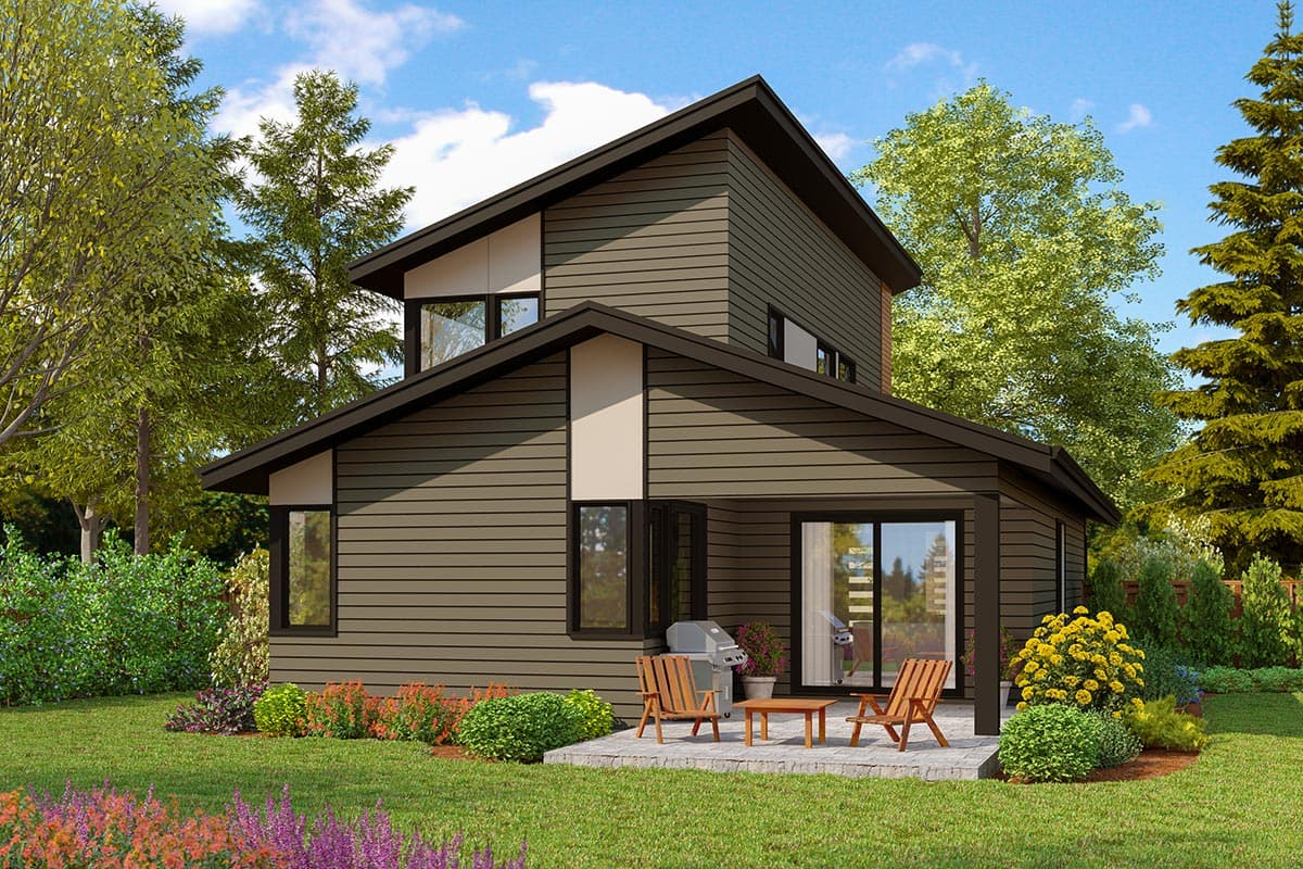 Modern house plan exterior with a steep gabled roofline, horizontal siding, and large windows.