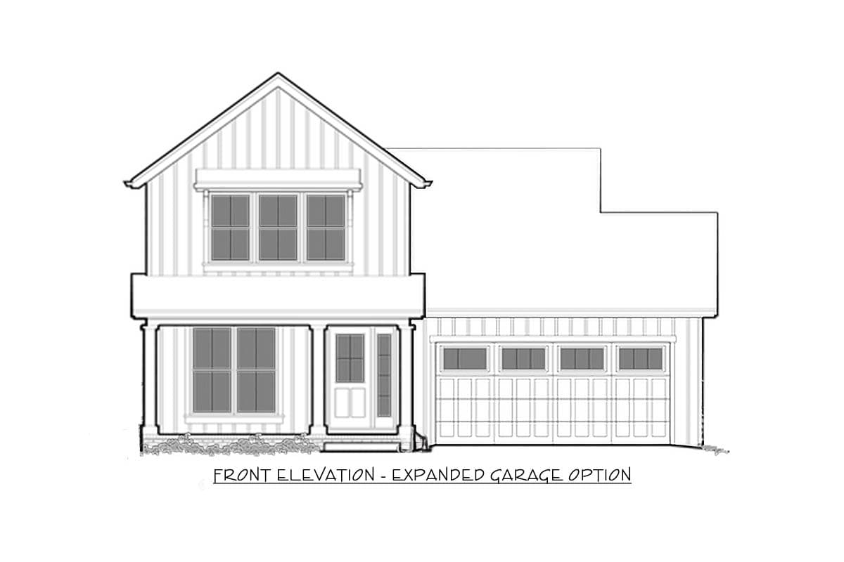 Front elevation drawing of a two-story house plan with a covered front porch, multiple windows, and an expanded two-car garage.