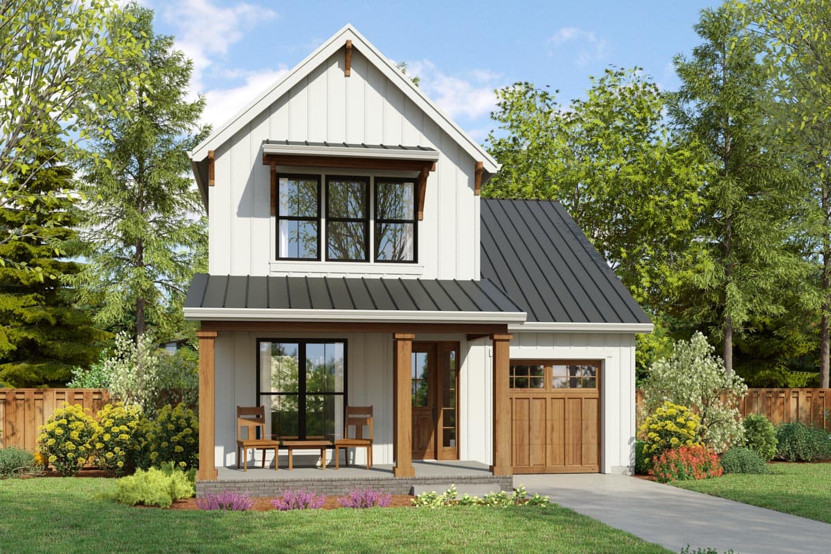 House plan exterior. Two-story Modern Farmhouse with a gabled roof, a covered porch, and a garage with a wood door.