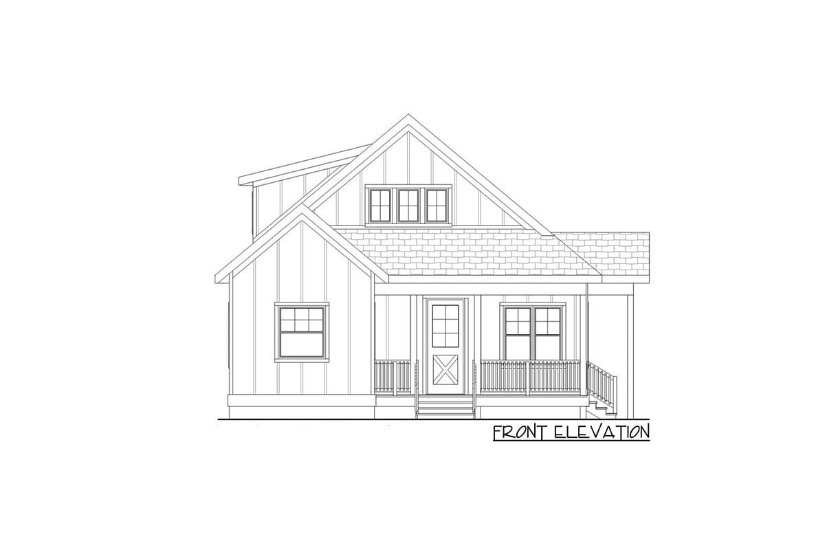 Front elevation house plan featuring a prominent gable, dormer windows, and a covered front porch with railings.