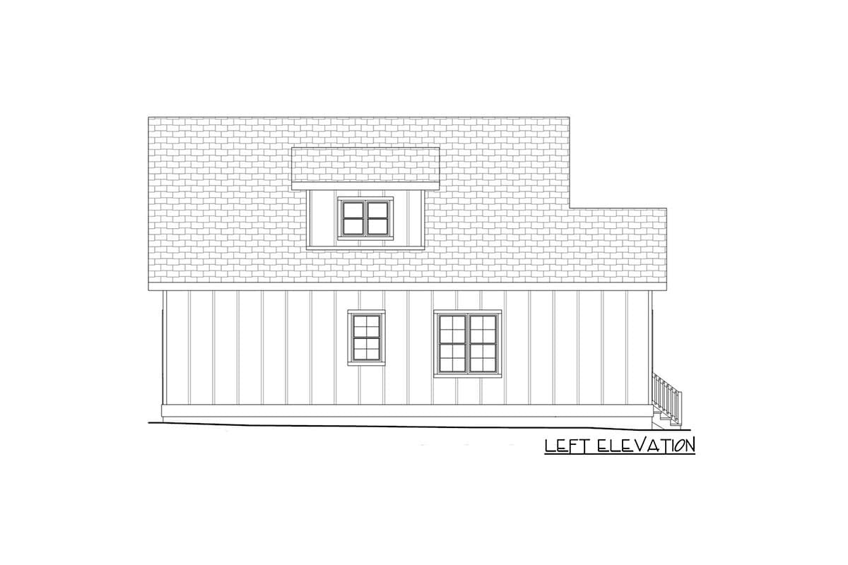 Left elevation drawing of a house plan showing a dormer, two stories, and vertical siding.