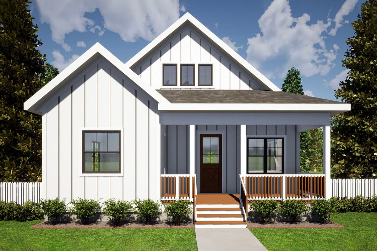 House plan exterior. Modern Farmhouse style with a front porch, gabled roof, and vertical siding. Features dormers above the front door.