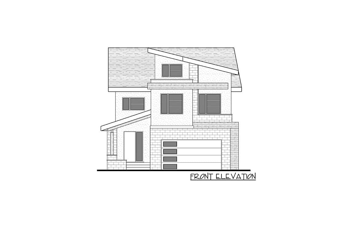 Front elevation drawing of a two-story modern house plan with an asymmetrical roofline, multiple windows, covered porch, and attached garage.
