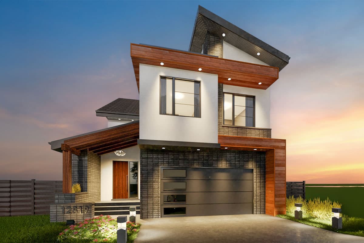 House plan exterior with modern design. Two-story structure featuring a cantilevered roof, wooden accents, and a front-entry garage.