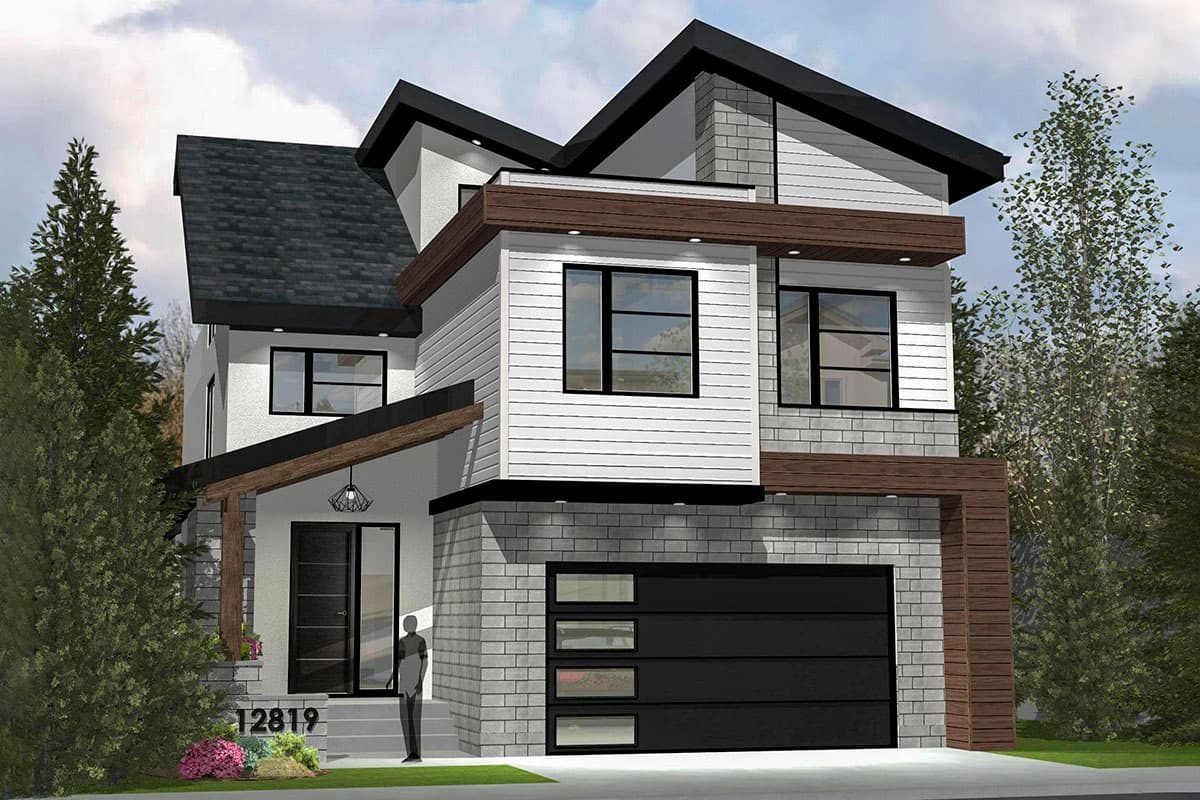 Modern two-story house plan exterior with asymmetric rooflines, horizontal siding, stone accents, and a contemporary garage door.