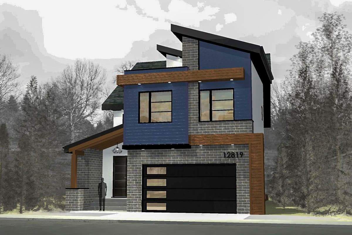House plan exterior: Modern style, two stories, with a detached garage, gables, and wood accents.