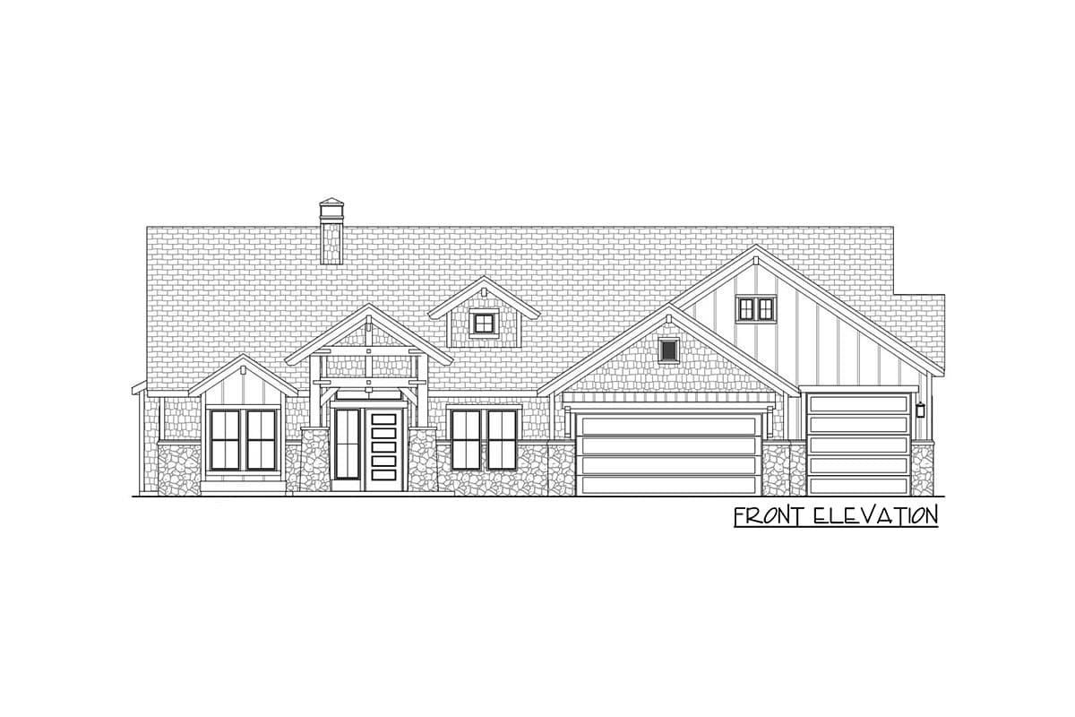 Front elevation house plan with stone accents, a covered porch, multiple gables, dormers, and a triple-car garage.