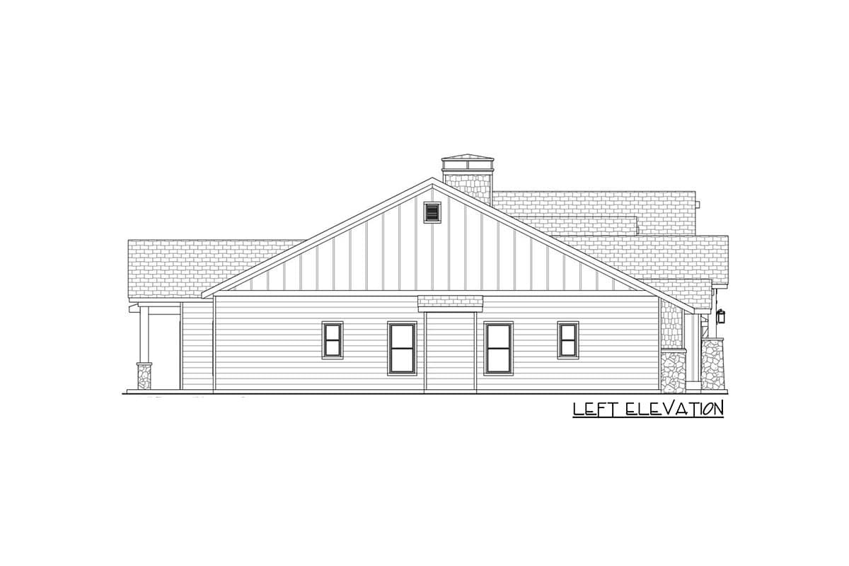 Left elevation drawing of a house plan showing a gabled roof, board-and-batten siding, stone accents, and windows.