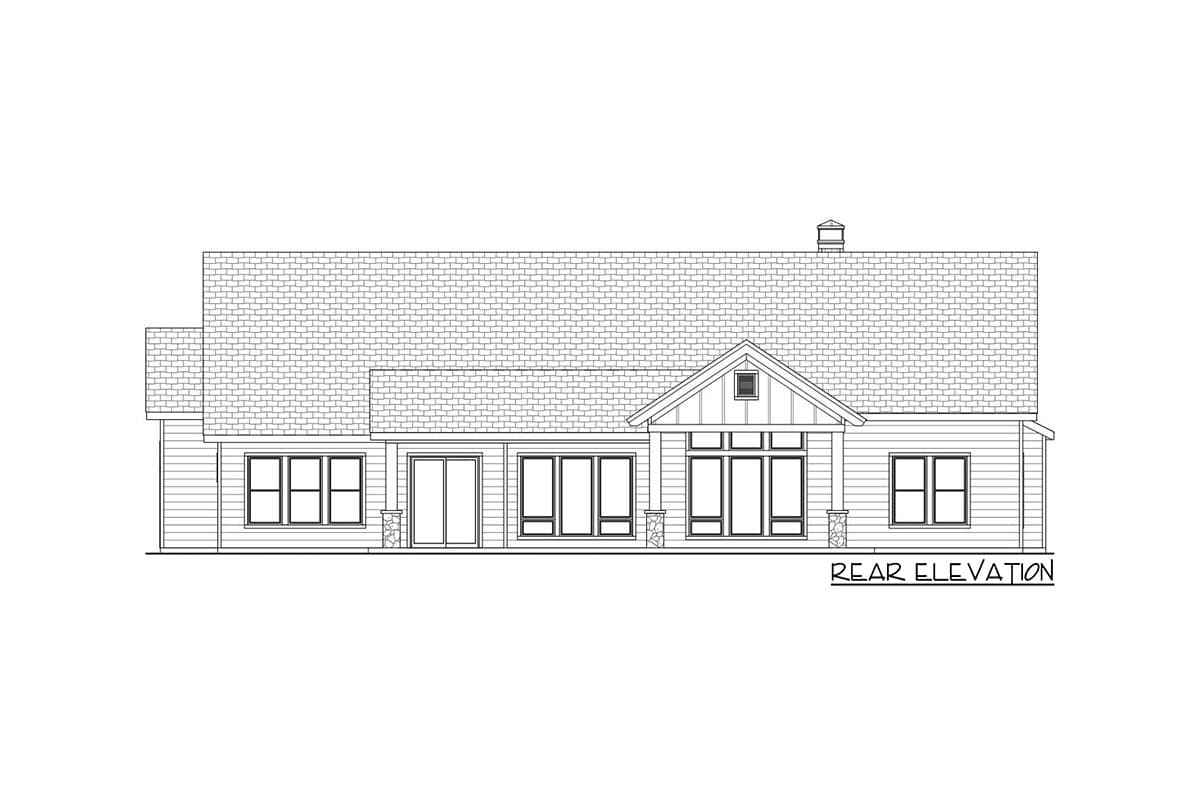 Rear elevation of a single-story house plan with a gable roof, wide windows, and siding.