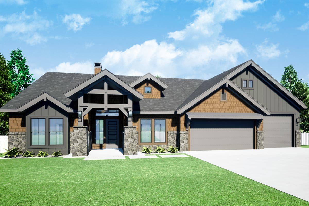 House plan exterior. Craftsman style, single-story home with covered entry porch, multiple gables, stone accents, and two-car garage.