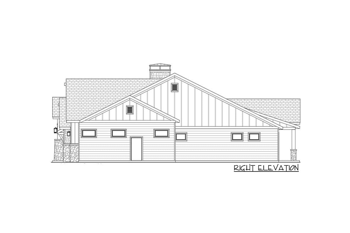 Right elevation house plan featuring varied rooflines, gables with vents, horizontal siding, and stone accents on porch columns.
