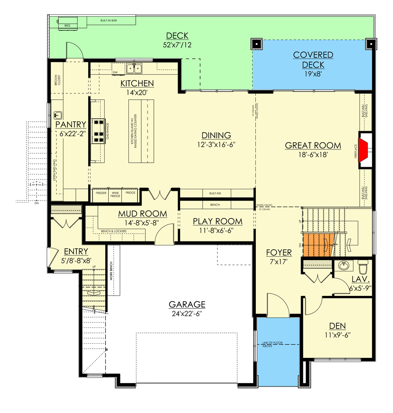 Plan 81740AB: 3600 Transitional House Plan with Main Floor Play Room and Upstairs Apartment - Floor Plan - Main Level - European, Transitional, Tudor