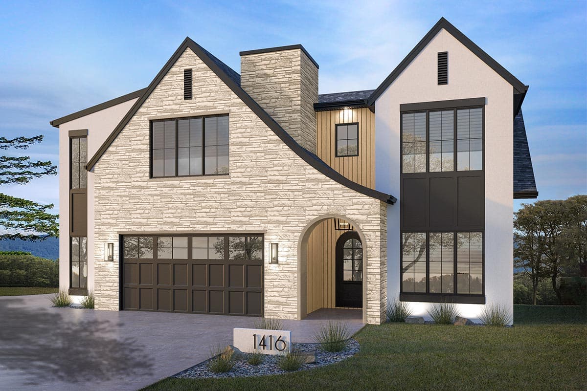 House plan exterior with stone and stucco facade, two stories, gable roof, arched entry, and detached garage.