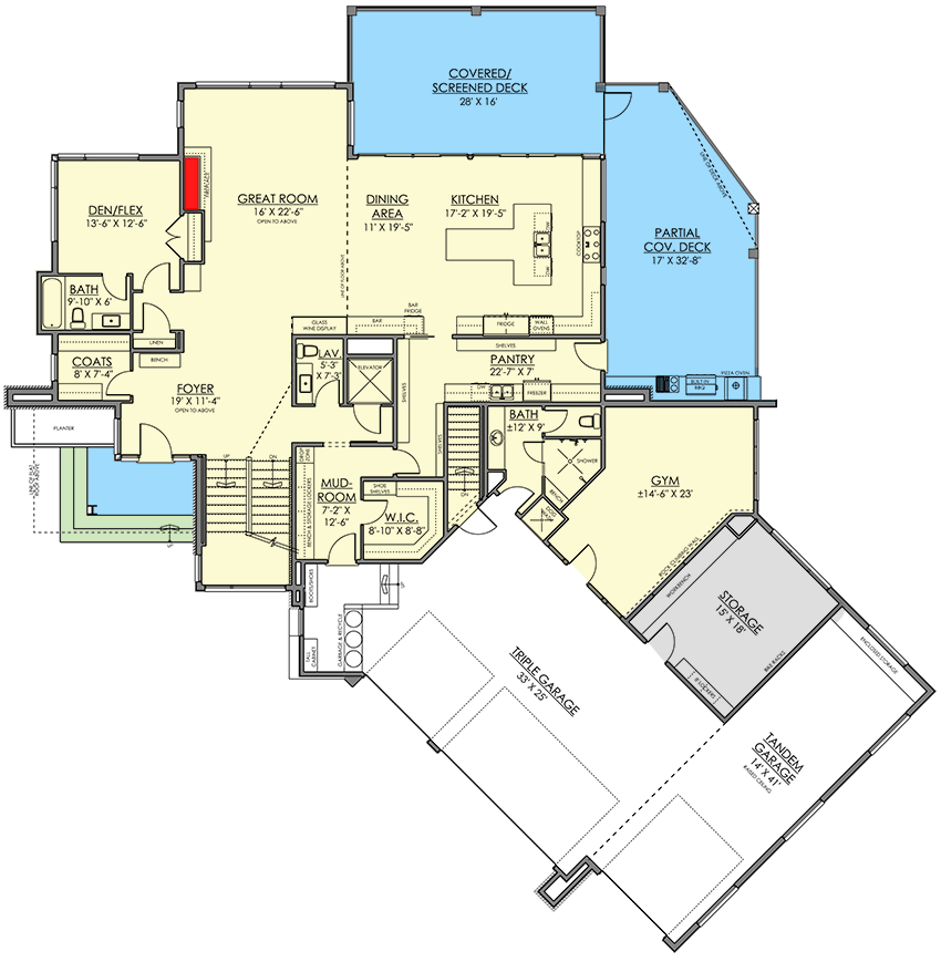 Plan 81741AB: 2-Story Modern Home Plan with Rear Stacked Decks and Private Owner's Suite - Floor Plan - Main Level - Contemporary, Mid Century Modern, Modern, Northwest