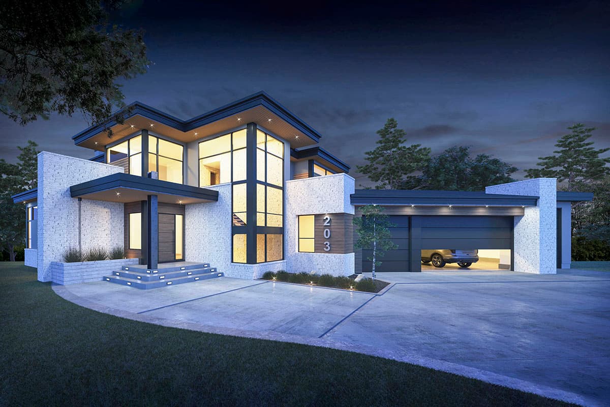 House plan exterior. Modern two-story home with large windows, flat roof, covered entry, and attached garage. Stone veneer accents the facade.