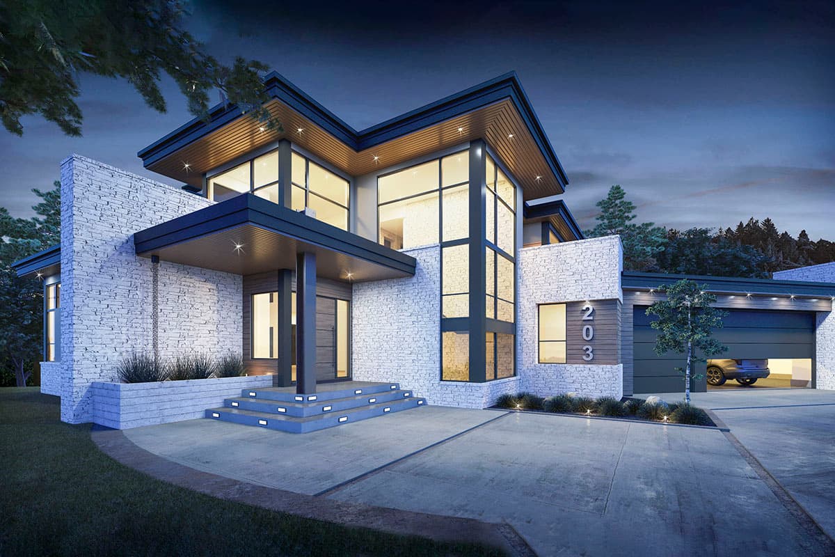 Modern house plan exterior with white stone, wood accents, large windows, cantilevered rooflines, and an attached three-car garage.