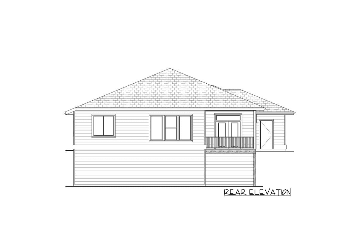 Rear elevation house plan showing siding, roof pitch, windows, deck with railing, and door.