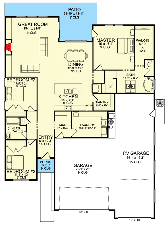 Plan 580041DFT: 3-Bed Tudor Style Ranch House Plan with RV Garage and Split-bed Layout - Floor Plan - Main Level - Craftsman, Mountain, Ranch, Rustic, Traditional, Tudor