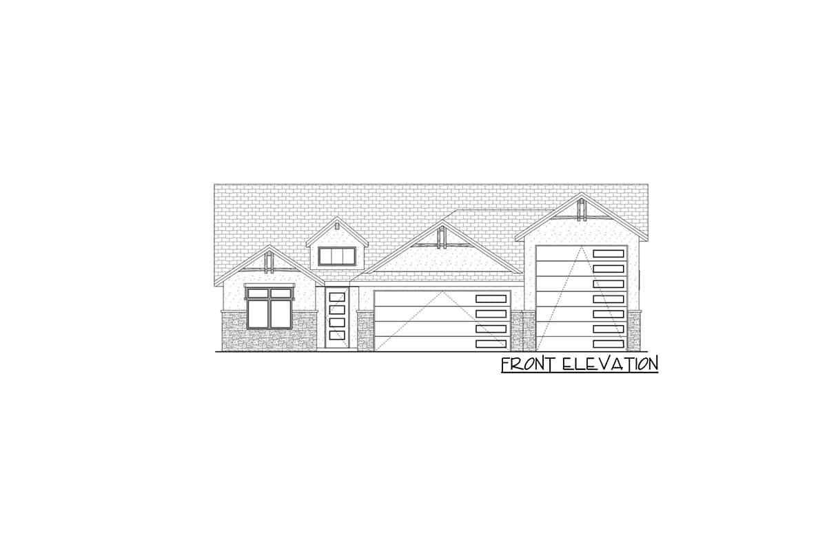 Front elevation drawing of a house with gabled roof, dormer, stone veneer, and a three-car garage.