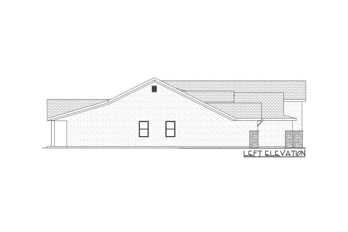 Left elevation drawing of a house plan showing a gable roofline, two windows, and a covered entryway.