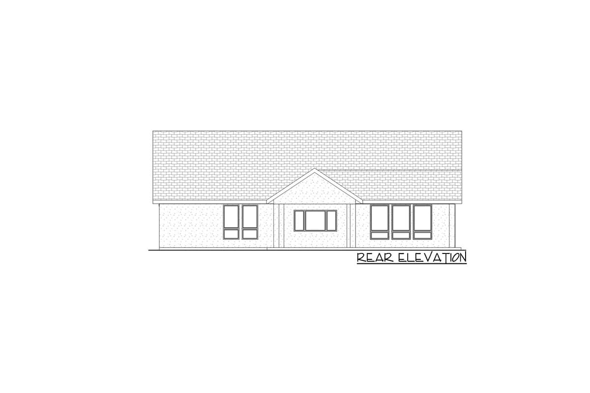 Rear elevation drawing of a single-story house plan with a gable roof, multiple windows, and brick siding.