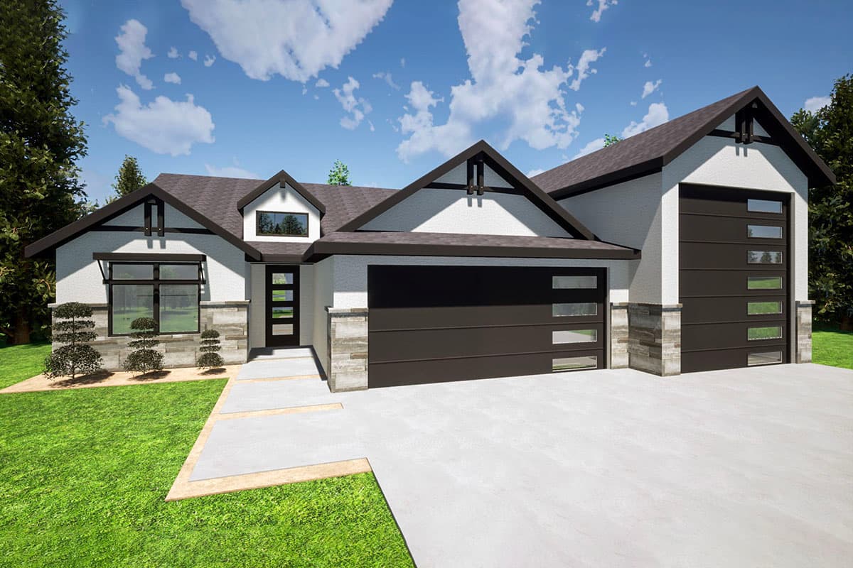 House plan exterior. Modern style with gabled roof, two-car garage, and dark-framed windows. Features a dormer and stone accents on the facade.