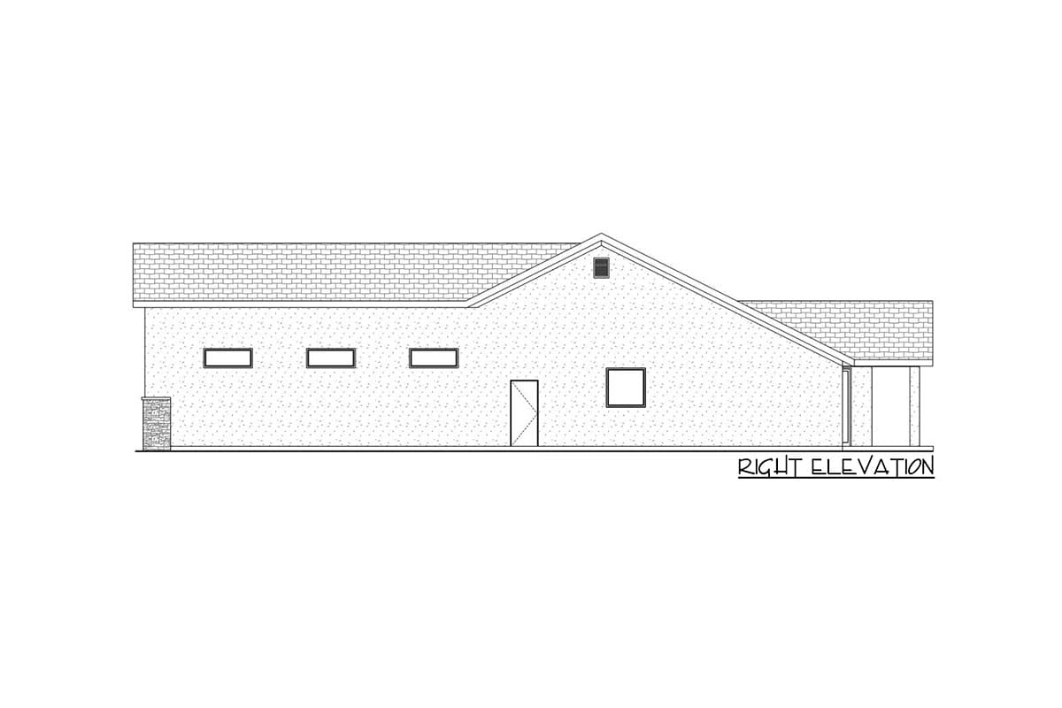Right elevation drawing of a house plan with a gable roof, multiple windows, a door, and a covered entry.