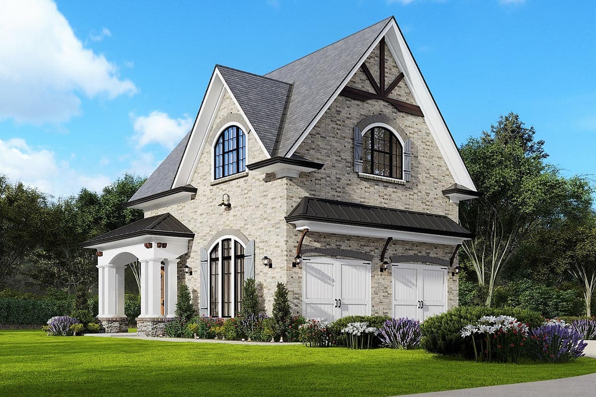 House plan exterior: Brick two-story with arched dormer windows, covered entry with columns, and a three-car garage.
