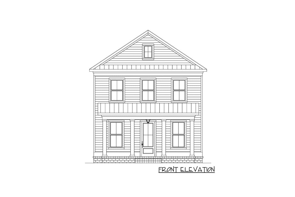 Front elevation drawing of a two-story house with a covered porch, second-story balcony, and dormer window.