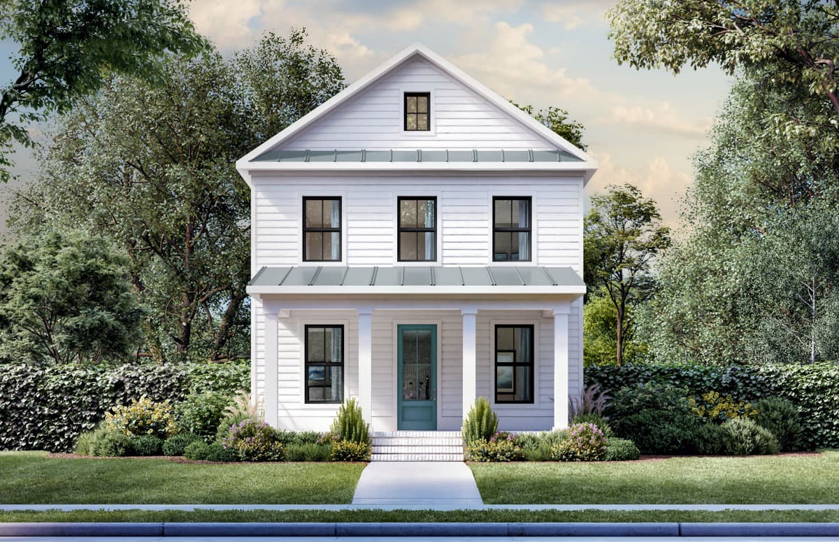 House plan exterior. Two-story farmhouse with front porch, gabled roof, and symmetrical window arrangement.