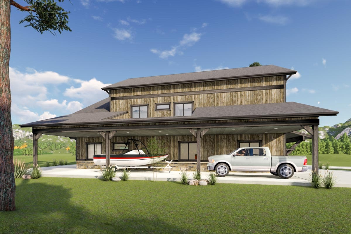 House plan exterior, two-story modern design with large covered carport, wood siding, and prominent rooflines.