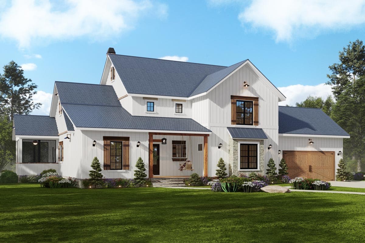 Modern Farmhouse house plan exterior with white board-and-batten siding, dark roof, covered porch, and attached two-car garage.