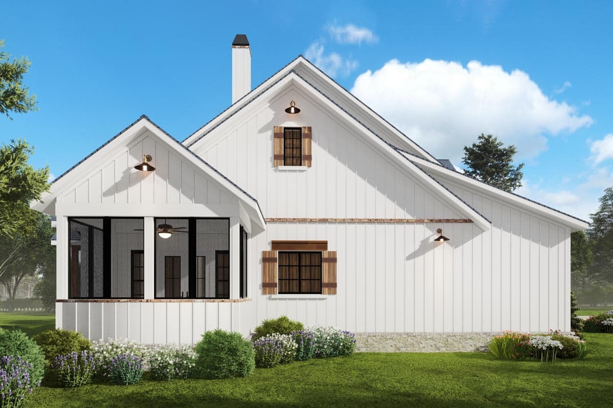 House plan exterior. Modern Farmhouse style with white vertical siding, gables, dormers, screened porch, and stone foundation.