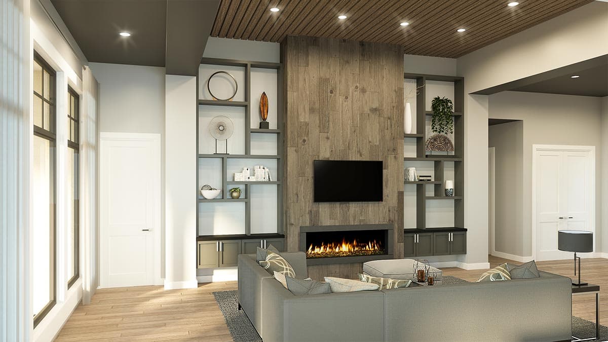 Modern living room with fireplace, integrated shelving unit, and wood-slat ceiling detail.