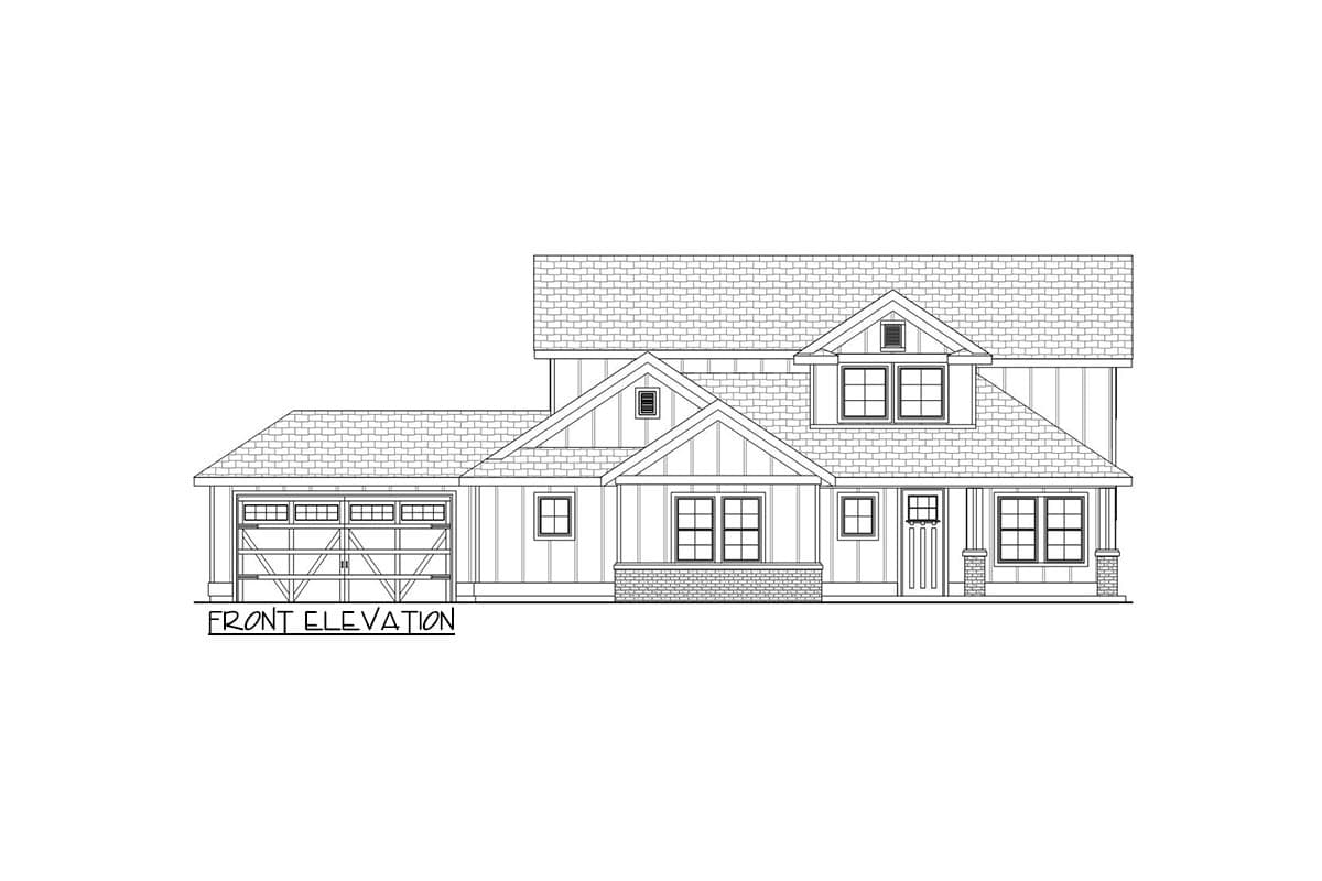 Front elevation house plan shows a two-story Modern Farmhouse with a two-car garage, gabled dormers, and a covered front porch.