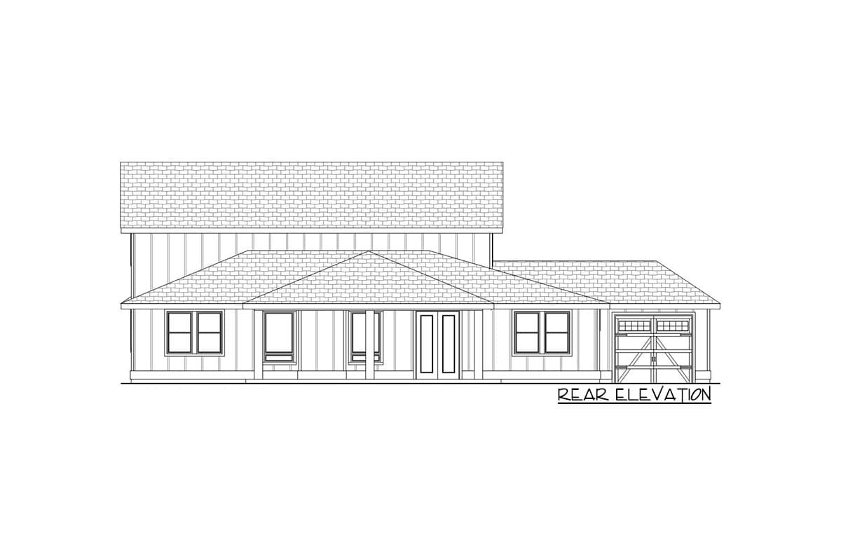 Rear elevation drawing of a two-story house plan featuring a gable roof, vertical siding, multiple windows, and an attached garage.