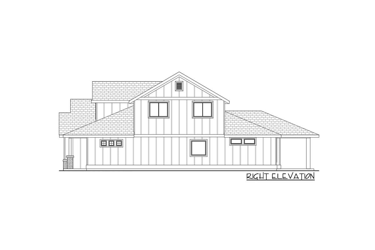 Right elevation drawing of a two-story house plan with gables, dormers, and a covered porch.