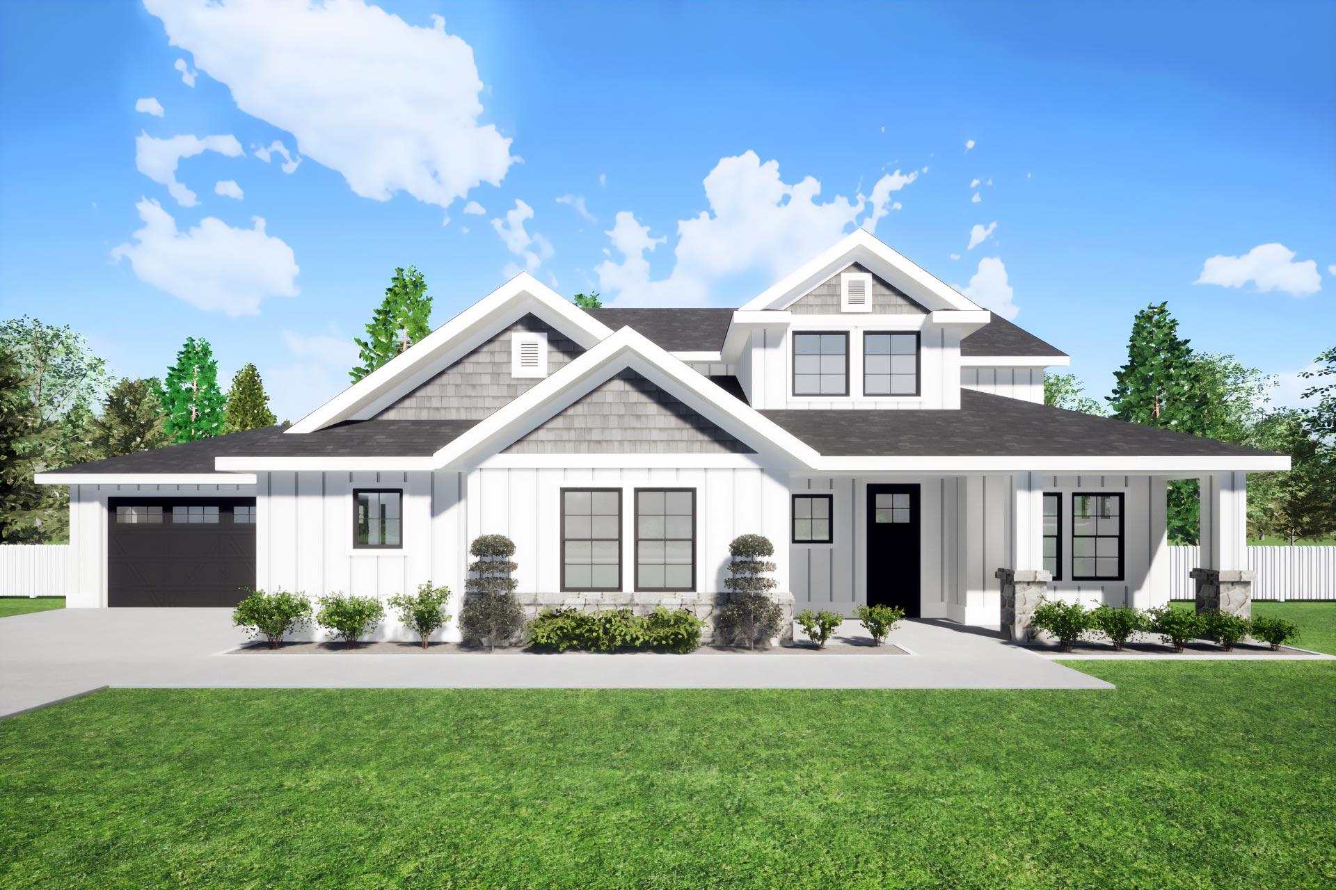 House plan exterior. Modern Farmhouse style, two-story home with gables, a covered porch, and a side-entry garage.