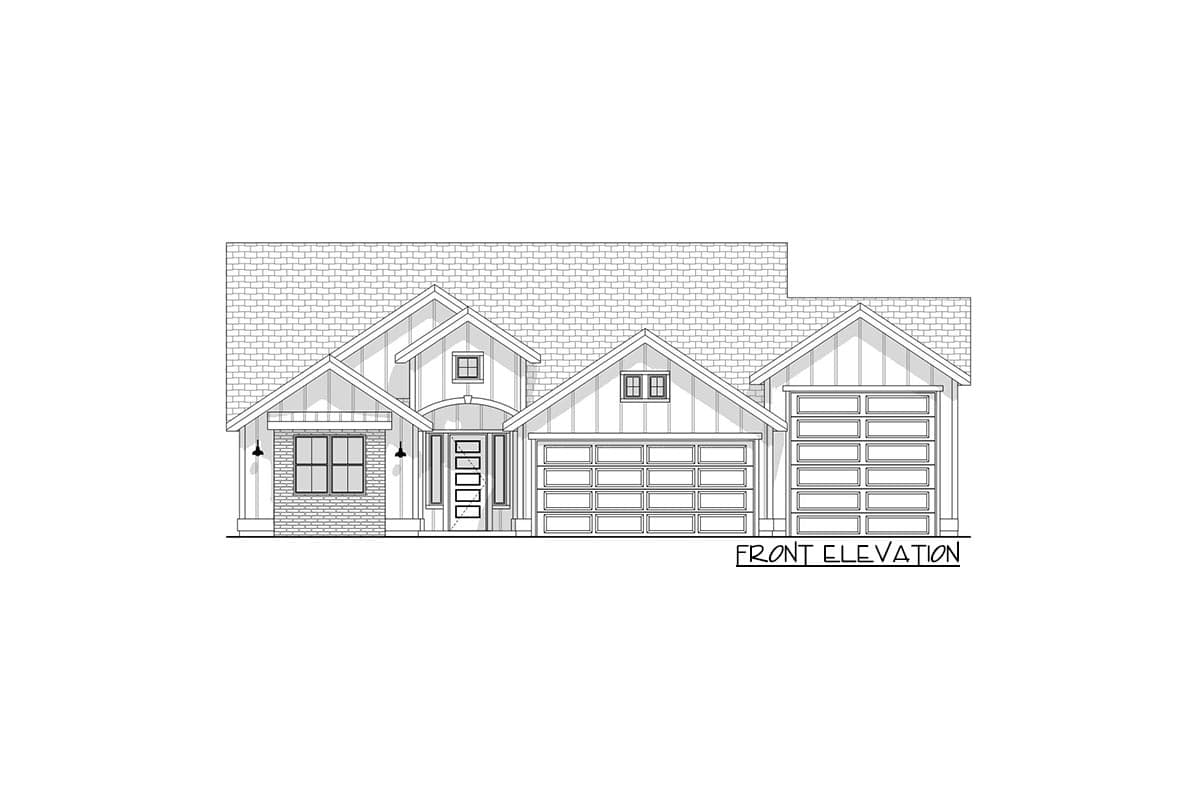 Front elevation drawing of a modern farmhouse house plan with gabled roof, two garages, brick accents, and covered entry.