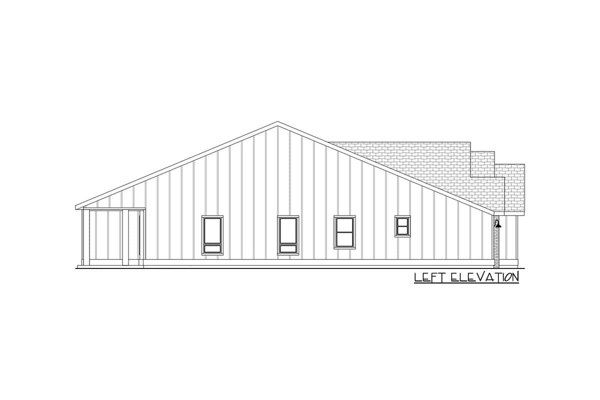 Left elevation house plan drawing showing vertical siding, a shed roof, and four windows.