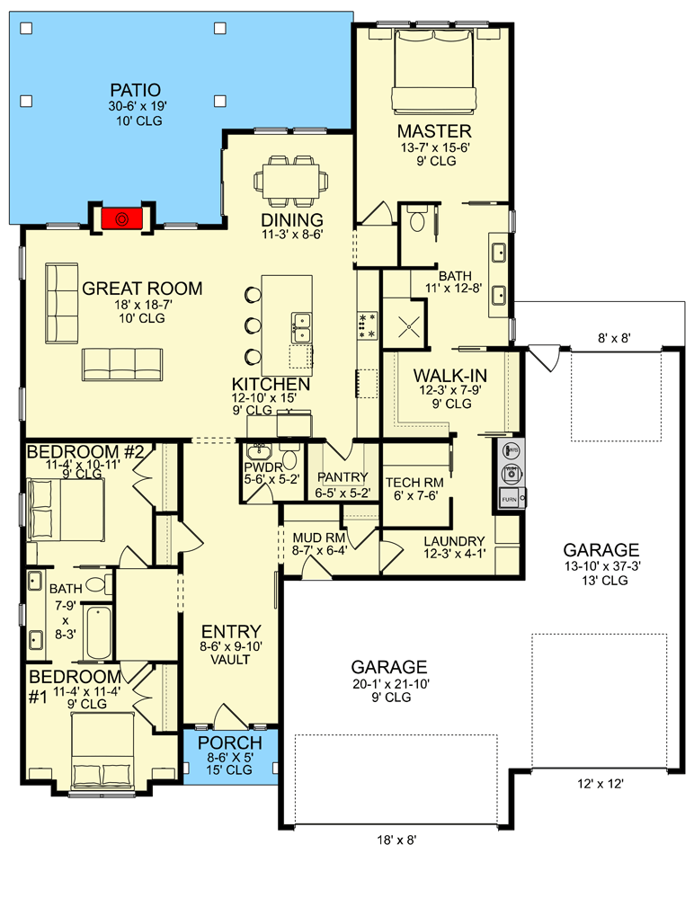 Plan 580049DFT: New American One-Story House Plan Under 2500 Square Feet with RV Garage - Floor Plan - Main Level - Country, Craftsman, Ranch, Traditional