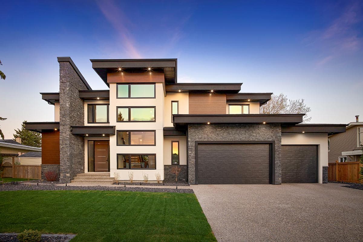 House plan exterior. Modern style, two-story home. Features include a flat roof, stone facade accents, and attached garage.