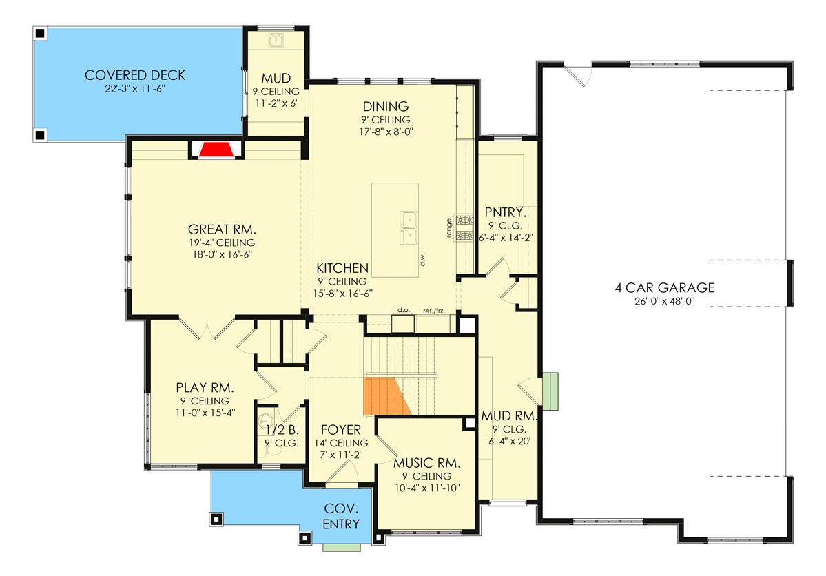 Plan 490059NAH: 3860 Sq Ft Hipped Roof Contemporary House Plan - Floor Plan - Main Level - Contemporary, Country, European, New American, Traditional, Transitional