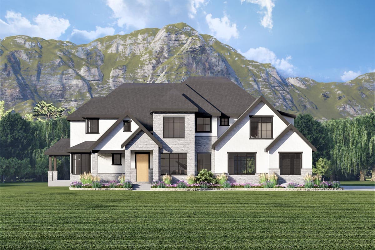 House plan exterior with two stories. Features include gabled rooflines, stone facade, covered porch, and a mix of rectangular and square windows.