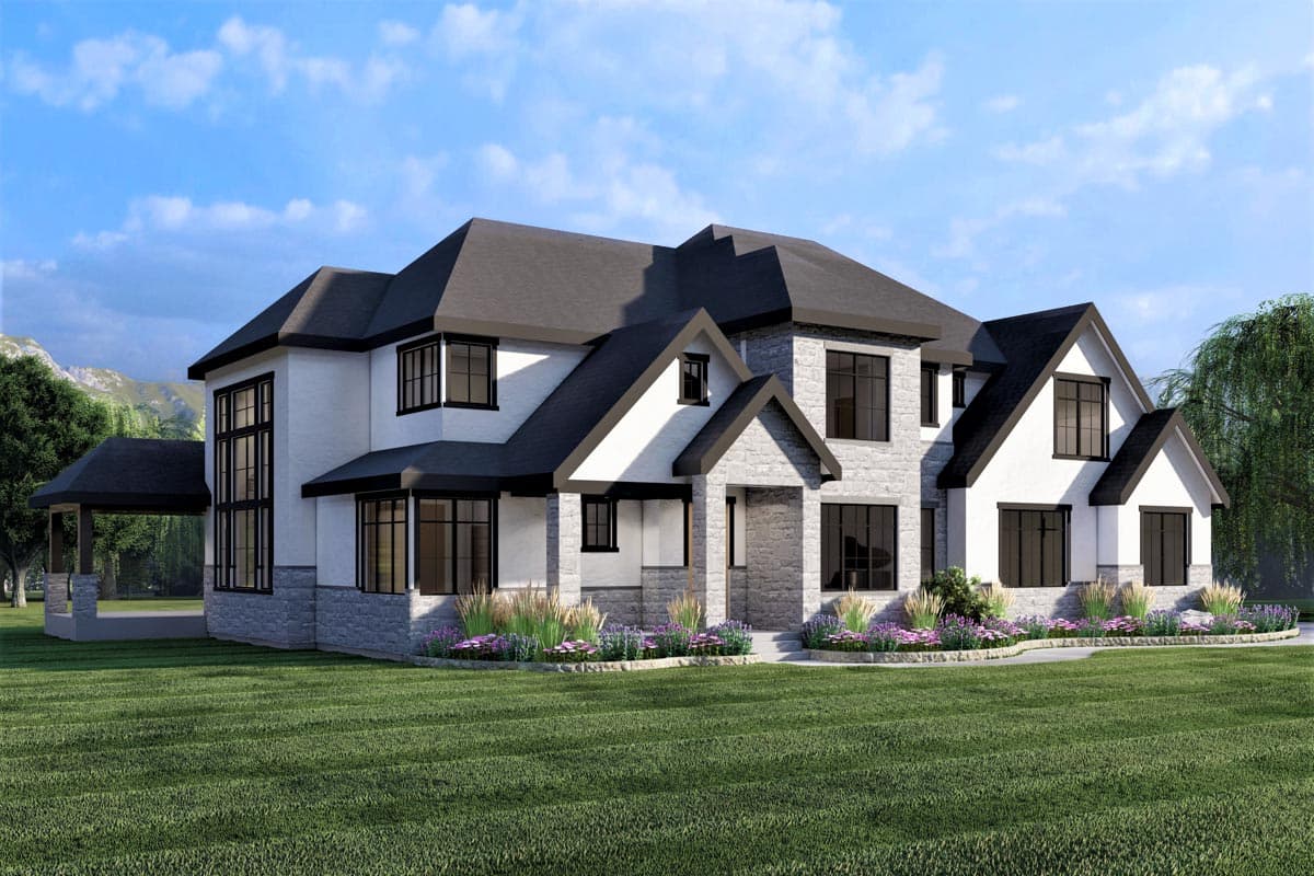 House plan exterior: Two-story modern residence with stone accents, gables, and attached carport.