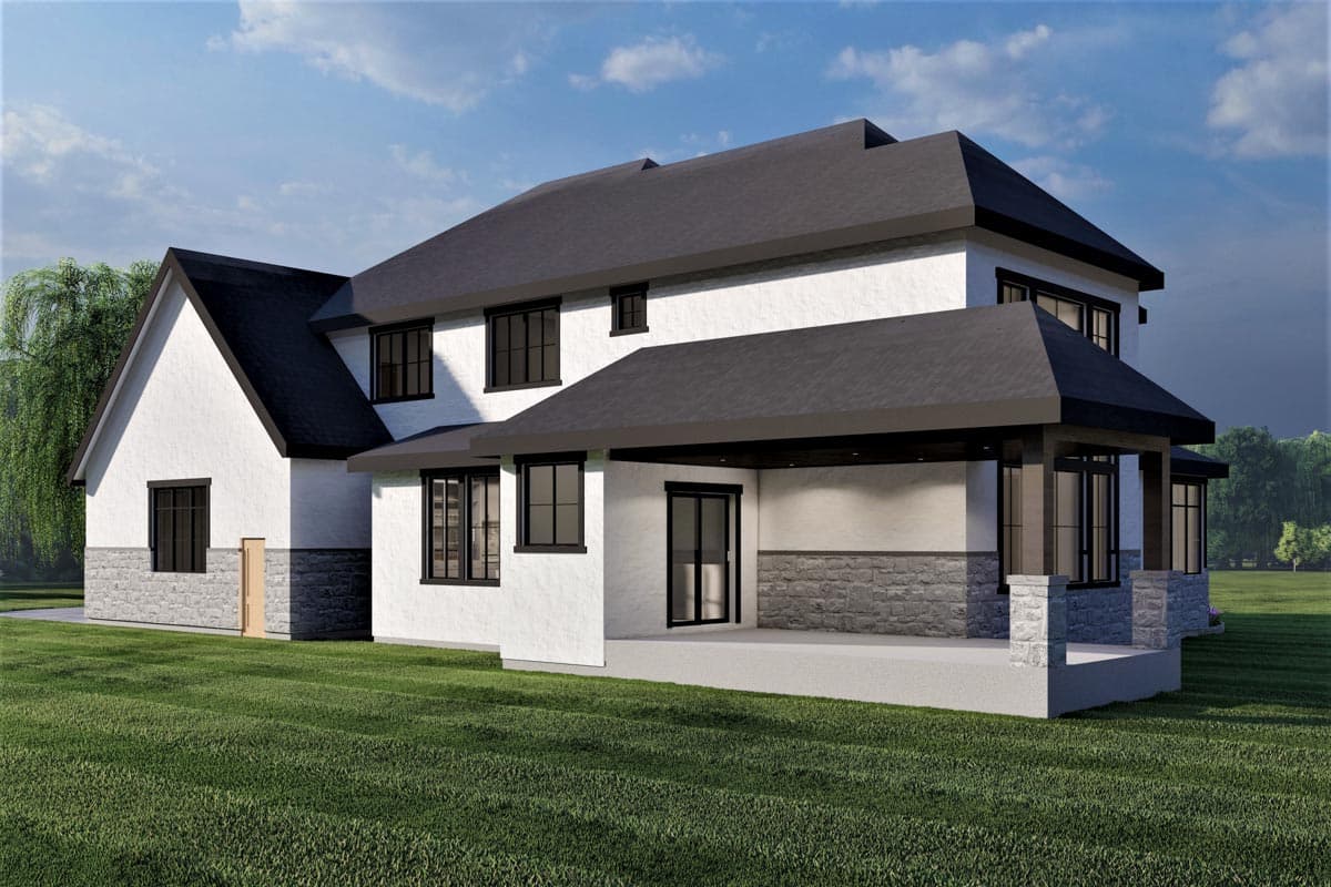 House plan exterior view of a two-story modern home with stone accents, gabled roof, covered porch, and multiple windows.