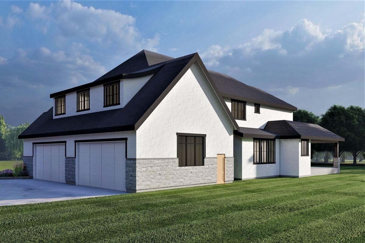 House plan exterior: Two-story Modern Farmhouse with stucco and stone base, prominent gable, dormers, and a three-car garage.