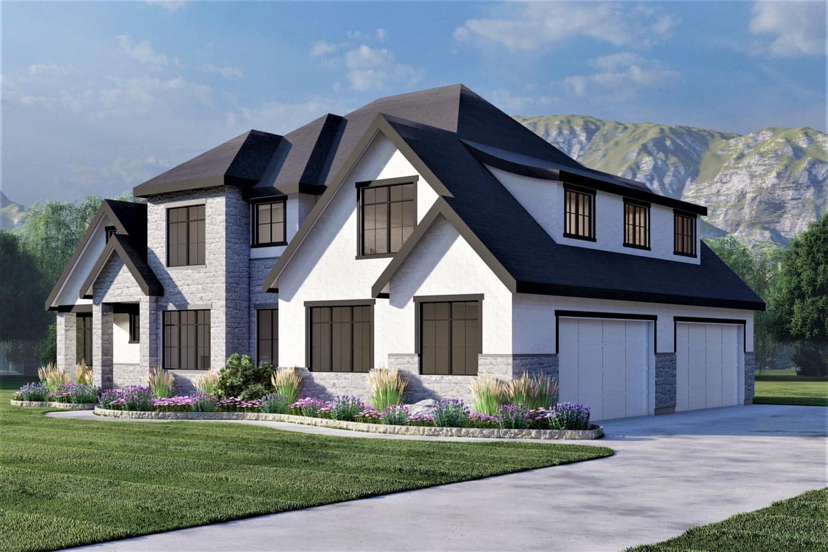 House plan exterior of a two-story Modern Farmhouse with stone accents, gables, dormers, and a three-car garage.