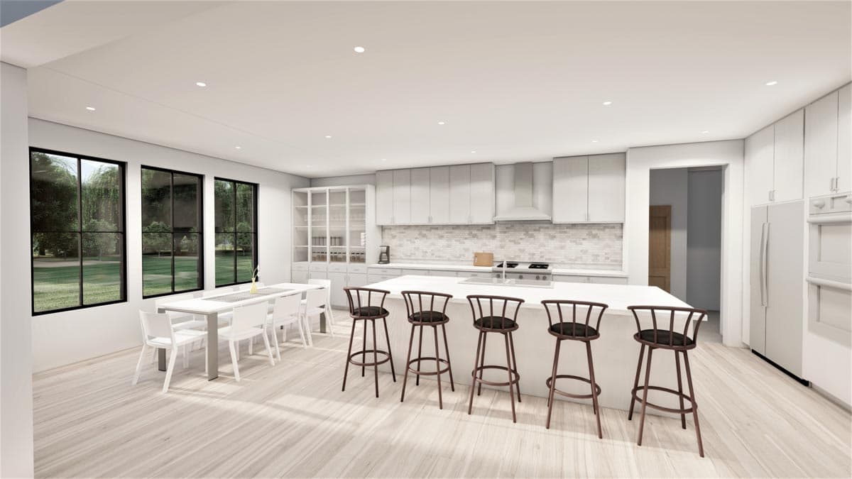 Interior rendering of an open-concept kitchen with a large island, white cabinets, range, and dining area with a table and chairs.